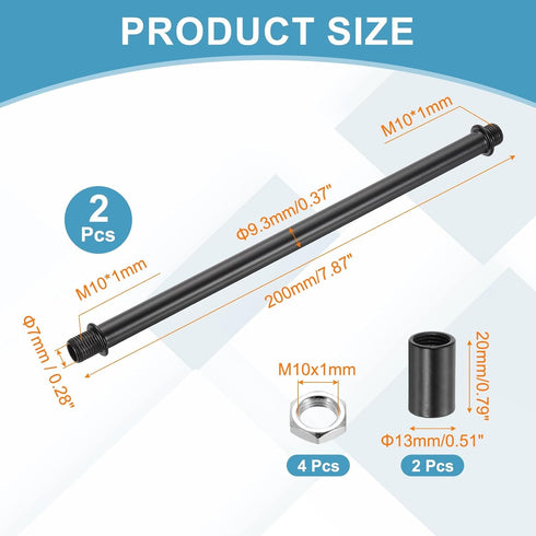 uxcell 2Set 200mm/7.87" M10 Straight Pipe Lamp Stems Rod Kit, Carbon Steel Double End Fine Thread Rod with Lock Nuts