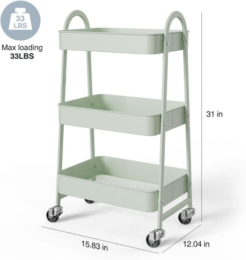 Generic 3 Tier Rolling Cart - Metal Utility Cart with Lockable Casters - Kitchen Office Storage Organizer - Green