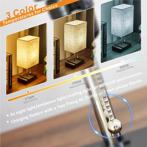 Generic Dimmable Bulb, Pull Chain Desk Lamp with AC Outlet, Linen Bedside Lamp with Two Phone Stands, Table Lamp