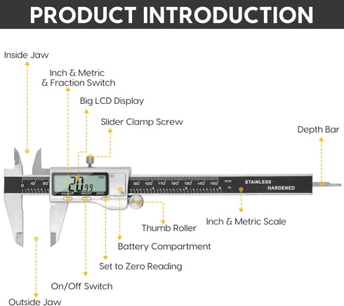 Digital Caliper Measuring Tool, 6 Inch with Large LCD Screen for Easy Switching Between Inch, Millimeter, and Fraction