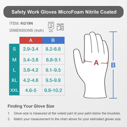 KAYGO Work Gloves, MicroFoam Nitrile Coated KG19NB, Seamless Knit Nylon Safety Gloves for General Purpose