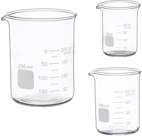 Glass Measuring Low Form Beaker Set - 50ml, 100ml, 250ml Borosilicate Lab Beaker Set