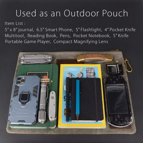 Water Resistant Zipper Document Holder, Fits Manila Folder, Rustic Large Waxed Canvas Pouch with Leather, Olive