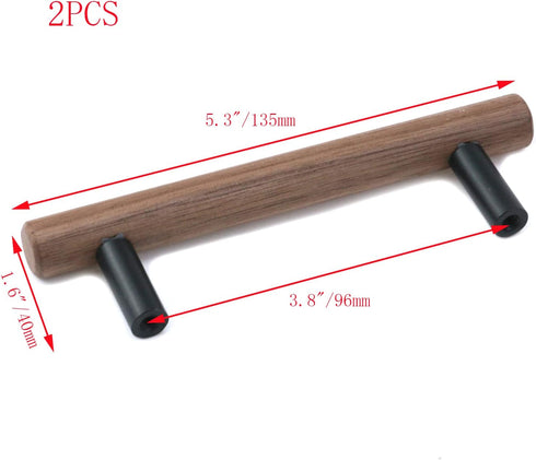2Pcs 3.8"/96mm) Walnut Solid Wood Pulls Handles Aluminum Alloy Black Base Kitchen Wardrobe Cabinet Hardware Pull Handle