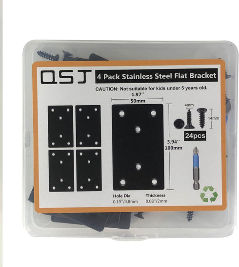 4 Pack Black Flat Mending Plate, Six-Hole Metal Bracket for Wood with 24PCS Screws and 1x Screwdriver
