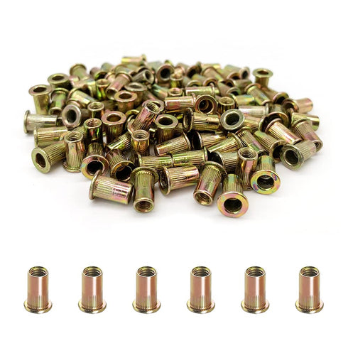 100PCS Rivet Nuts, M3 Carbon Steel Metric Rivet Nut Assortment Kit, Flat Head Threaded Insert Nutserts for Automotive,
