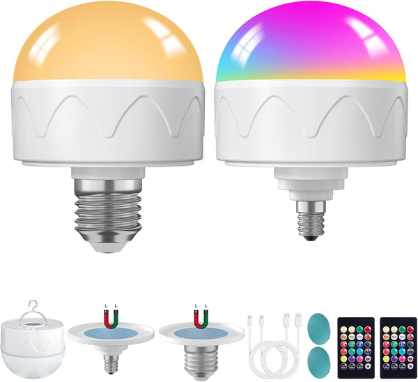 2 Pack Rechargeable Light Bulbs with Remote, E26/E12 Battery Operated, 2200mAh, Color Changing, Timer, Dimmer