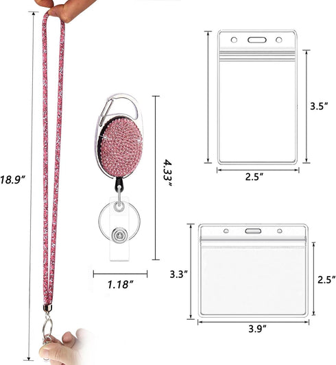 VIQWYIC 2 Pack Retractable ID Badge Holder, Bling Neck Strap Lanyard, Clear Card Holder for Office Workers (Pink&Purple)