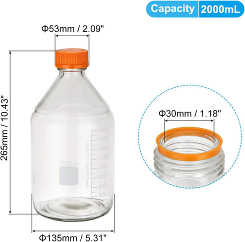 PATIKIL 1 Pack Reagent Media Storage Bottles, 2000ml Borosilicate Glass Graduated Round Bottles for Lab