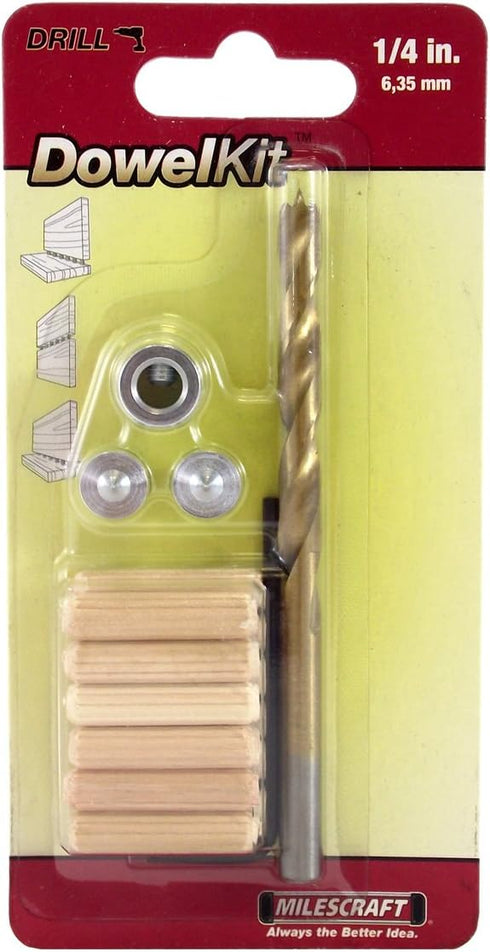 Milescraft 5337 Dowel Kit 1/4in - Includes Brad Point Drill Bit, Fluted Wooden Dowel Pins With Chamfered Ends (12pcs), 2 Dowel Tenon Centers, and Depth Stop– Ideal for Woodworking & Joining Projects