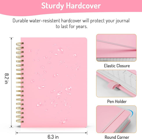 Forvencer A5 Lined Spiral Journal Notebook, 300 Numbered Pages, 100GSM Paper, Pink Hardcover for Work School