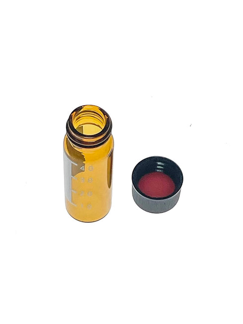 MUHWA 4ml Amber HPLC Vials, 100 Pcs/Pack, Black Screw Cap with Hole, Red PTFE & White Silicone Septa, Graduations