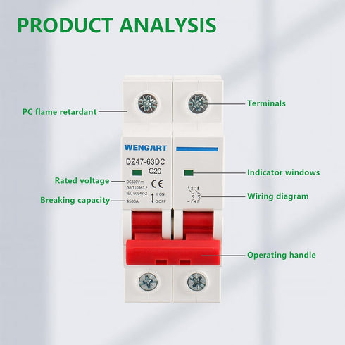 DC Miniature Circuit Breaker DZ47-63Z,500V 2 Poles 10-63A,Work for Battery and Solar PV Systems and Other DC Systems, DIN Rail Mount,DC Disconnect Switch (20A)