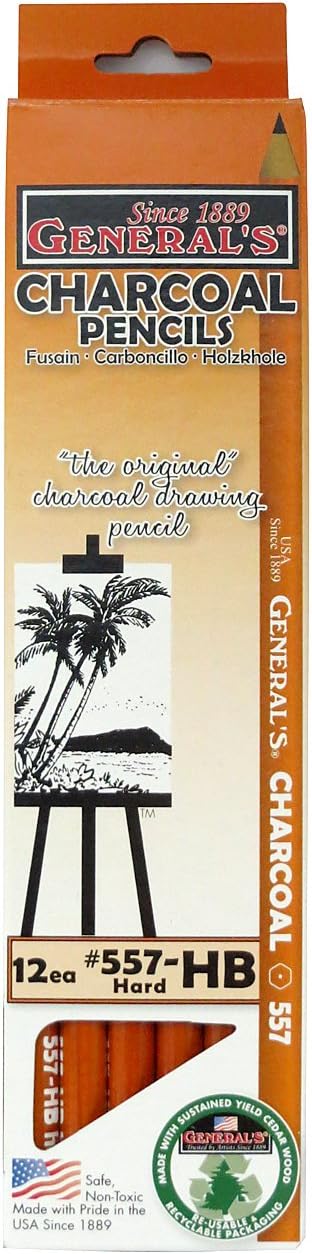 General 11000734 Charcoal Pencils, Black, HB, 12 Pieces