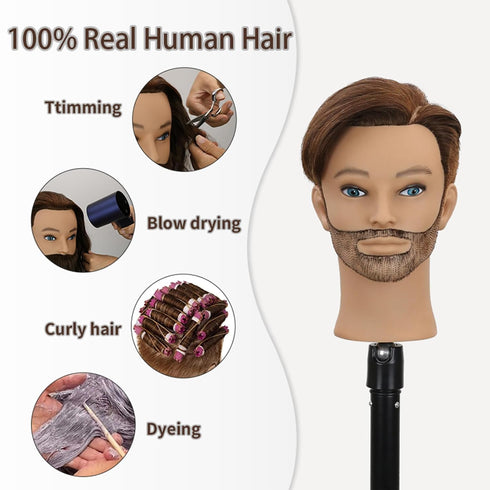 sirydtm 12" 100% Stand(4) Barber Mannequin Head Male Real Hair Blue eyes Mannequin Head with Human Hair Styling