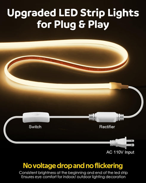 110V 120V 6FT 3000K 576LEDs Closet CRI90+ IP67 Aclorol COB LED Strip Light LED Light Strip Warm White