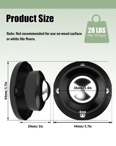 Self Adhesive Caster Wheels, 1 Inch Swivel Steel Appliance Rollers, 28 LBS Load Capacity (8 PCS, Black)