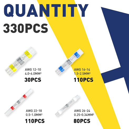 330PCS Solder Seal Wire Connectors - Marine Grade Heat Shrink Butt Connectors for Electrical, Stereo (30 Yellow, 80