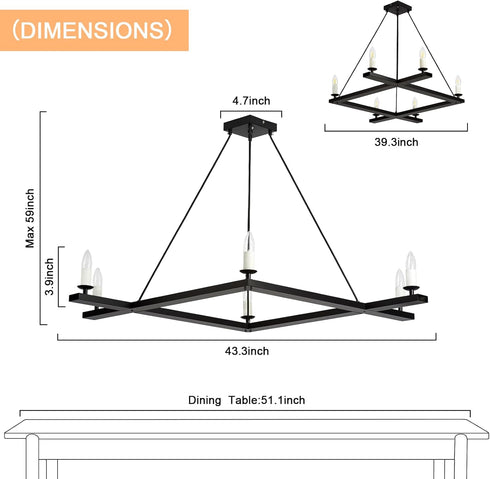 Chandeliers,6-Light Fixture,43" Black Farmhouse Square Dining Room Chandelier Light Rectangular Candle Chandelier