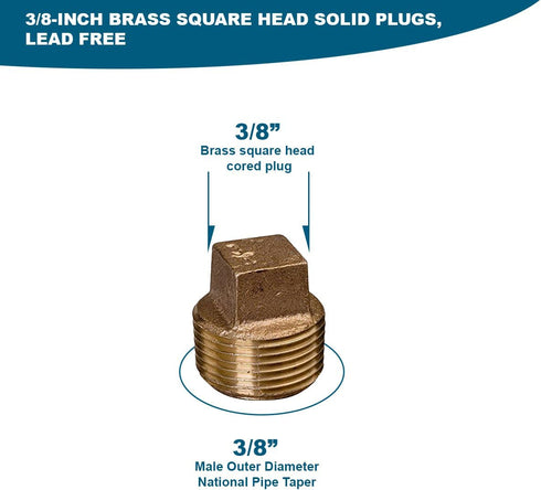CSTQ0038 Solid Plug with Square Head, 3/8''-Inch Male National Taper Threads Brass Pipe Fitting, 25 Count