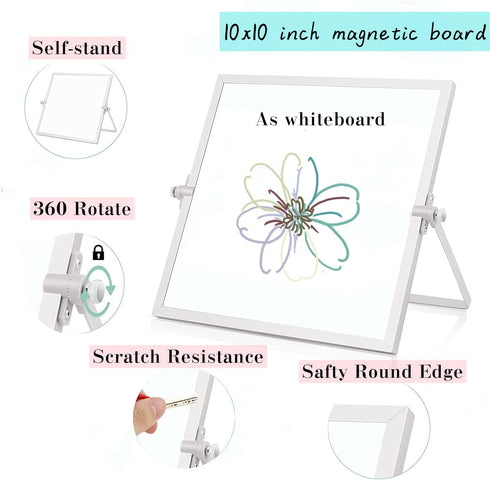Magnetic Dry Erase Board Calendar, Easy to Clean Desktop Double Side Monthly Whiteboard with Stand, 10" x 10" Portable