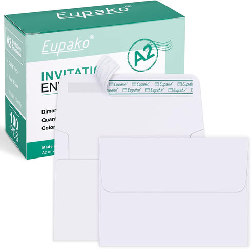 Eupako A2 White Paper Envelopes, 100 Pack, 4.375x5.75" Self Seal for RSVP, Wedding, Thank You Notes