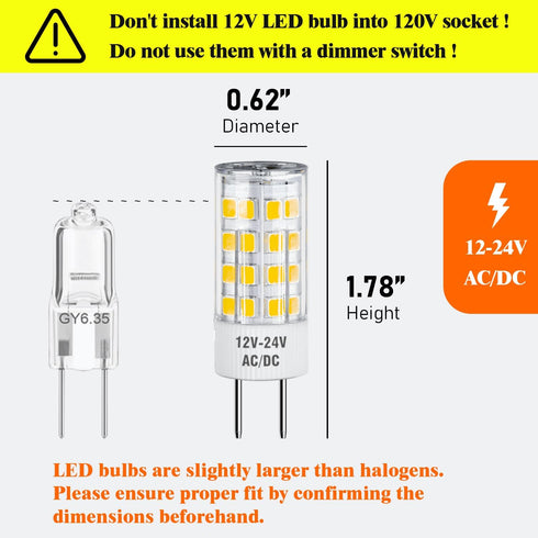 GY6.35 Bulb, 4W(50W 12V-24V 3000K, 500 T4 GY6.35 Bulbs Non-Dimmable, Pack 5 Maelsrlg LED Equivalent), AC/DC, Warm White