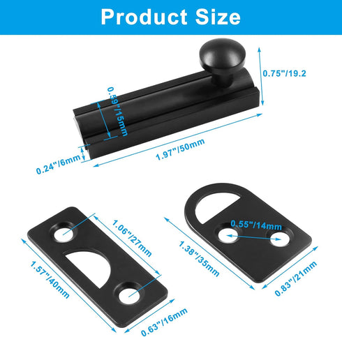 2pcs 2 Inch Solid Brass Slide Bolt, Black Gate Latch Sliding Screen Door Lock, Surface Bolts for Doors Cabinet Cupboard with Screws