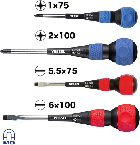 4PC. Set, 2204PBU VESSEL BALL GRIP Screwdriver Red/Blue