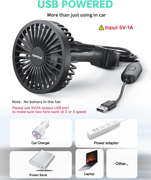 3 5V TriPole Car Fan for Rear Seat USB Powered Powerful Speed Fan with Adjustable Clip for Vehicles SUV RV