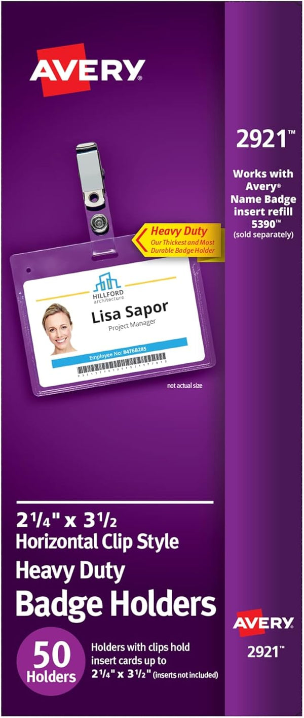 Avery Heavy Duty Badge Holders, 50 Horizontal Name Badge Holders with Clips, 2.25" x 3.5" (2921)