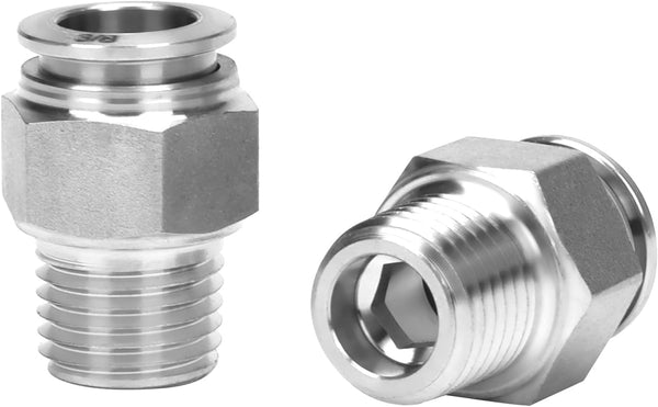 Push to Connect Fitting - 304 Stainless Steel Male Straight 3/8" Tube OD x 1/4" NPT Thread (Pack of 2)