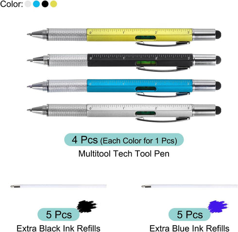 MECCANIXITY 4pcs 6 in 1 Multitool Tech Tool Pen Gifts for Men with Ballpoint Pen, Ruler, Screwdriver, Stylus, Refills