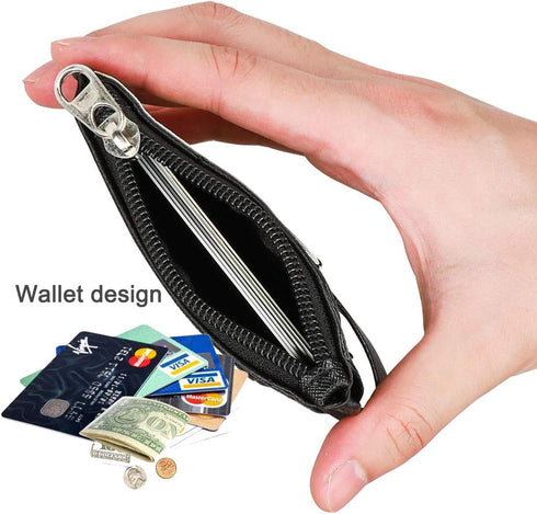 HASFINE ID Badge Holder with PU Leather Zipper Pocket & Lanyard, 2 Sided 5 Card Slots, Detachable Keychain Lanyard
