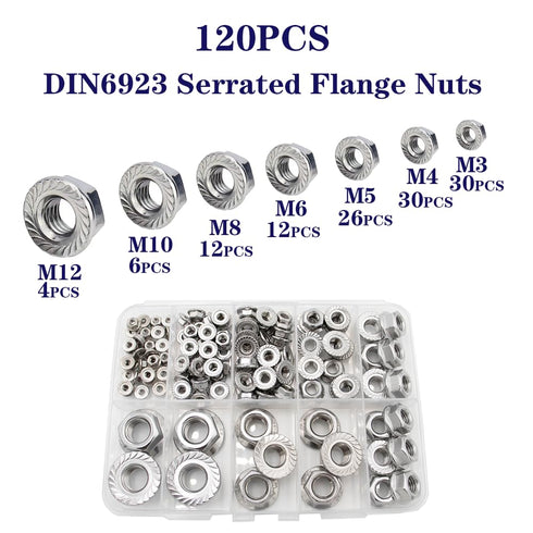 STORMCUBE 120 DIN6923 M3 M4 M5 M6 M8 M10 M12 304 pcs Serrated Flange Nuts Assortment Kit Stainless Steel Hex Lock Nuts