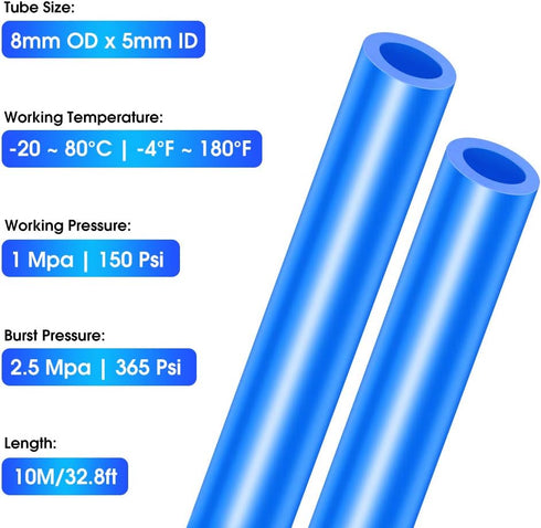 TAILONZ PNEUMATIC Blue 8mm or 5/16 OD Polyurethane Air Hose Pipe Tube Kit, 10 Meter