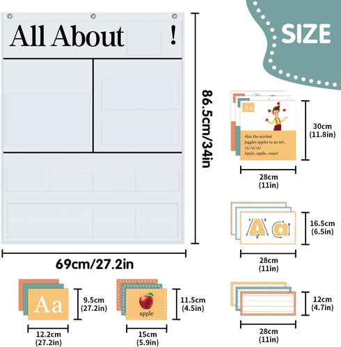99 34" 27"White All About Letters Pocket Chart with ABC Flash Cards, Letter of The Day/Week Daypocket Chart, Letter