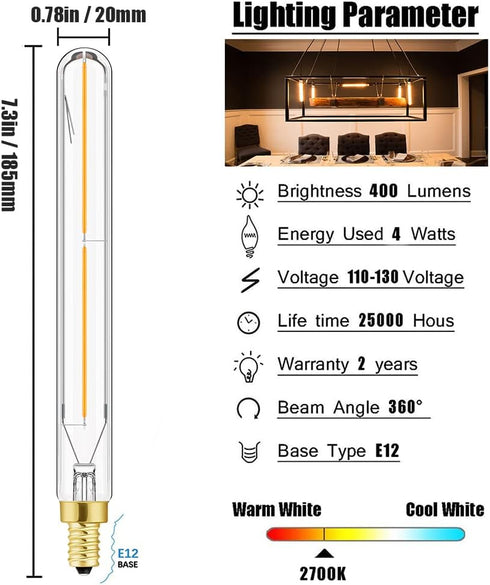 LEOOLS E12 LED Long Bulb, 7.3Inch Tubular Light Bulbs, 40W Dimmable Clear Glass Warm White, 6 Pack