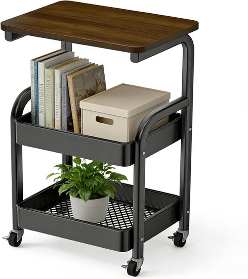 Generic Multi-Purpose 3 Tier Rolling Cart with Walnut Table Top, Metal Utility Storage