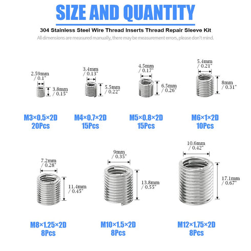 Glarks 84Pcs Stainless Steel Wire Thread Inserts - Thread Repair Sleeve Kit, Metric Assortment
