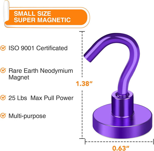 MIKEDE Heavy Duty Magnetic Hooks, 28LB+ Strong Neodymium Magnets for Fridge, Toolbox, Grill, 4 Pack (Purple)