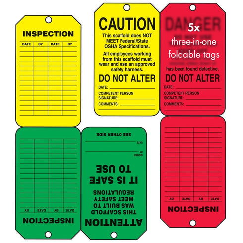Accuform RP-Plastic Scaffold Status Tag, "Danger/Caution/Attention", 5.75" x 3.25" x 0.015", Black Green/Yellow/Red