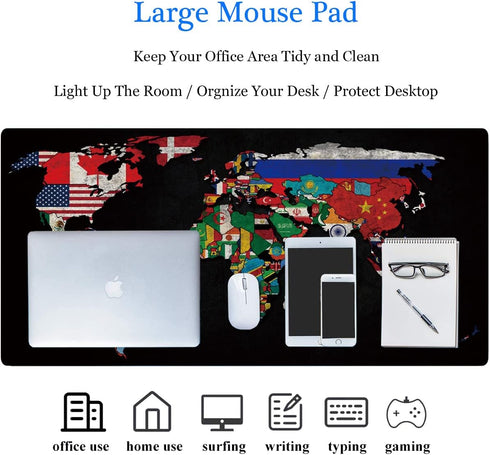 RTGGSEL 31.5x11.8 Inch Non-Slip Long Extended Gaming Mouse Pad with Stitched Edges (Black World Flag Map)