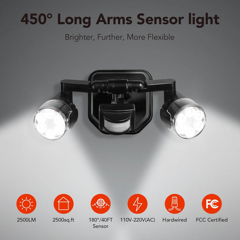 450 3-Head 2500 IP65 OREiN Outdoor Motion Sensor Security Light, Adjustable Floodlight, Lumens Bright Hardwired Dusk