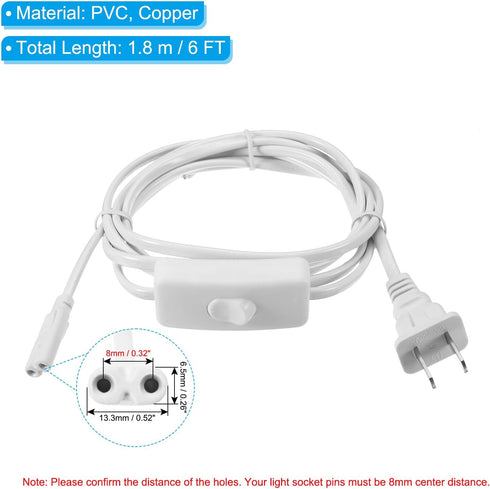 PATIKIL T4 T5 T8 LED Tube Light Power Cord, 2pcs 1.8M / 6FT Extension Cable Wire Connector with on Off Switch for 2 Pin LED Integrated Tube Light Lamp