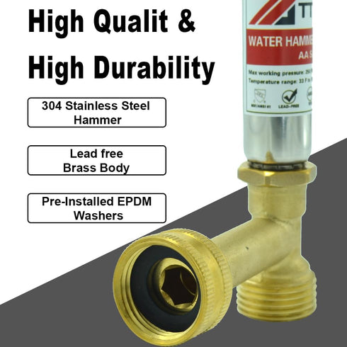 Stainless Steel Water Hammer Arrestor, 3/4 Inch Swivel FHT x 3/4 Inch MHT for Washing Machine and Garden Hose Water Pipe