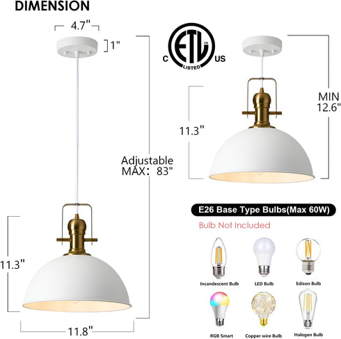 12 Inch 1 Pack Sandy White Farmhouse Pendant Lights for Kitchen Island Industrial Adjustable Height Vintage Dome