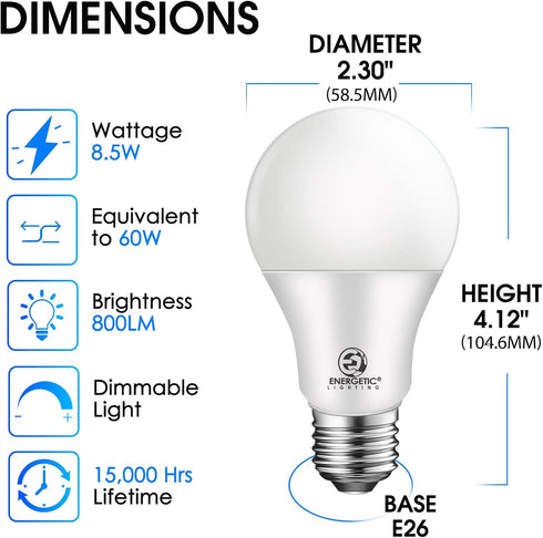 E ENERGETIC LIGHTING Dimmable Light Bulbs, 60W Equivalent 3000K Warm White, E26 Base, 8.5W 800 Lumens LED Light Bulbs, UL Listed, 12 Packs by E ENERGETIC LIGHTING