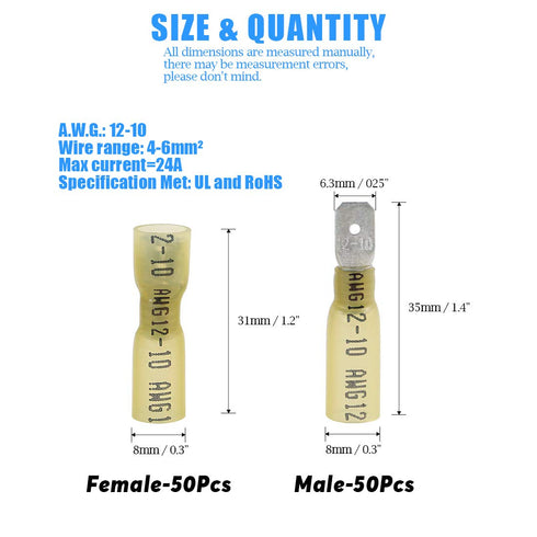 Glarks 100pcs Fully Insulated Female/Male Spade Nylon Heat Shrink Waterproof Quick Disconnect Electrical Crimp