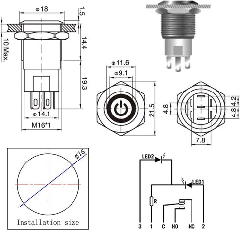 WerFamily Tri-color LED Momentary Push Button Switch, 16mm, 1NO 1NC SPDT ON/OFF Waterproof with Wire Socket Plug